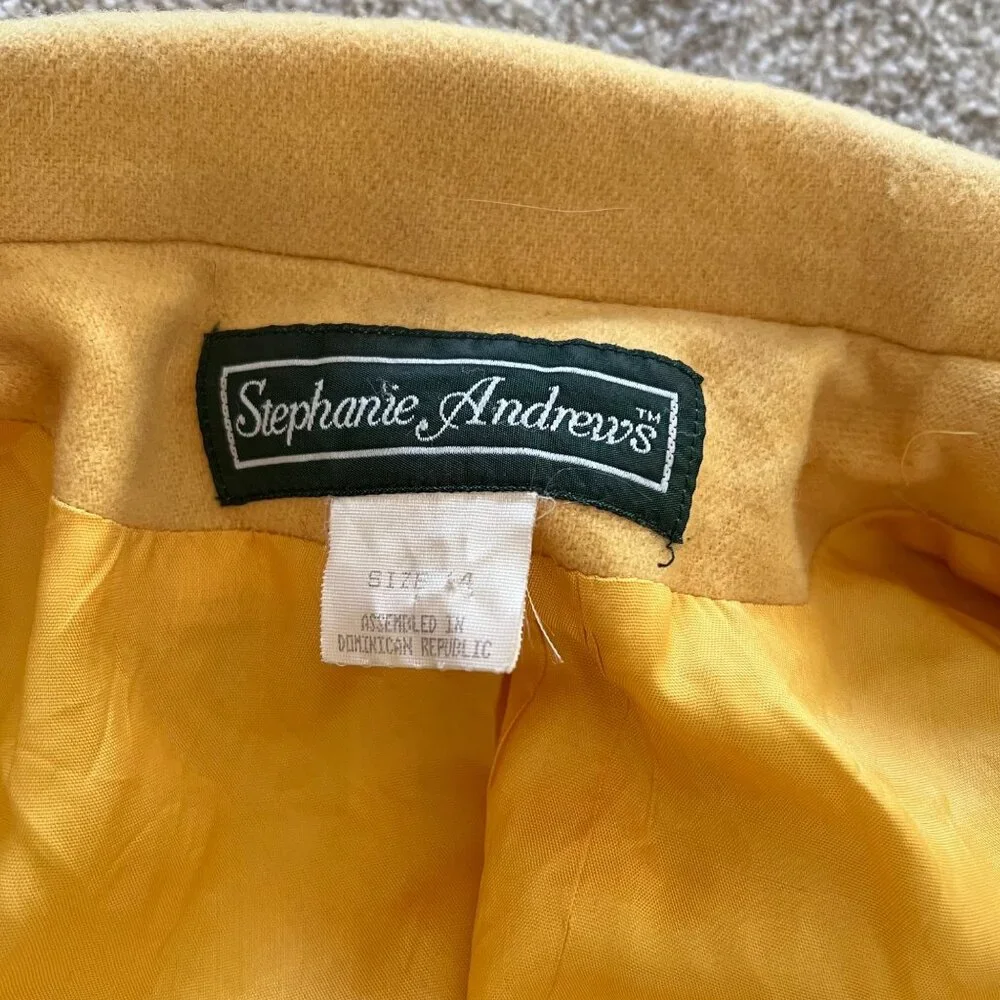 90s Vintage Stephanie Andrews 100% Pure Wool Retro Yellow Double Breasted Peacoa - Picture 5 of 8
